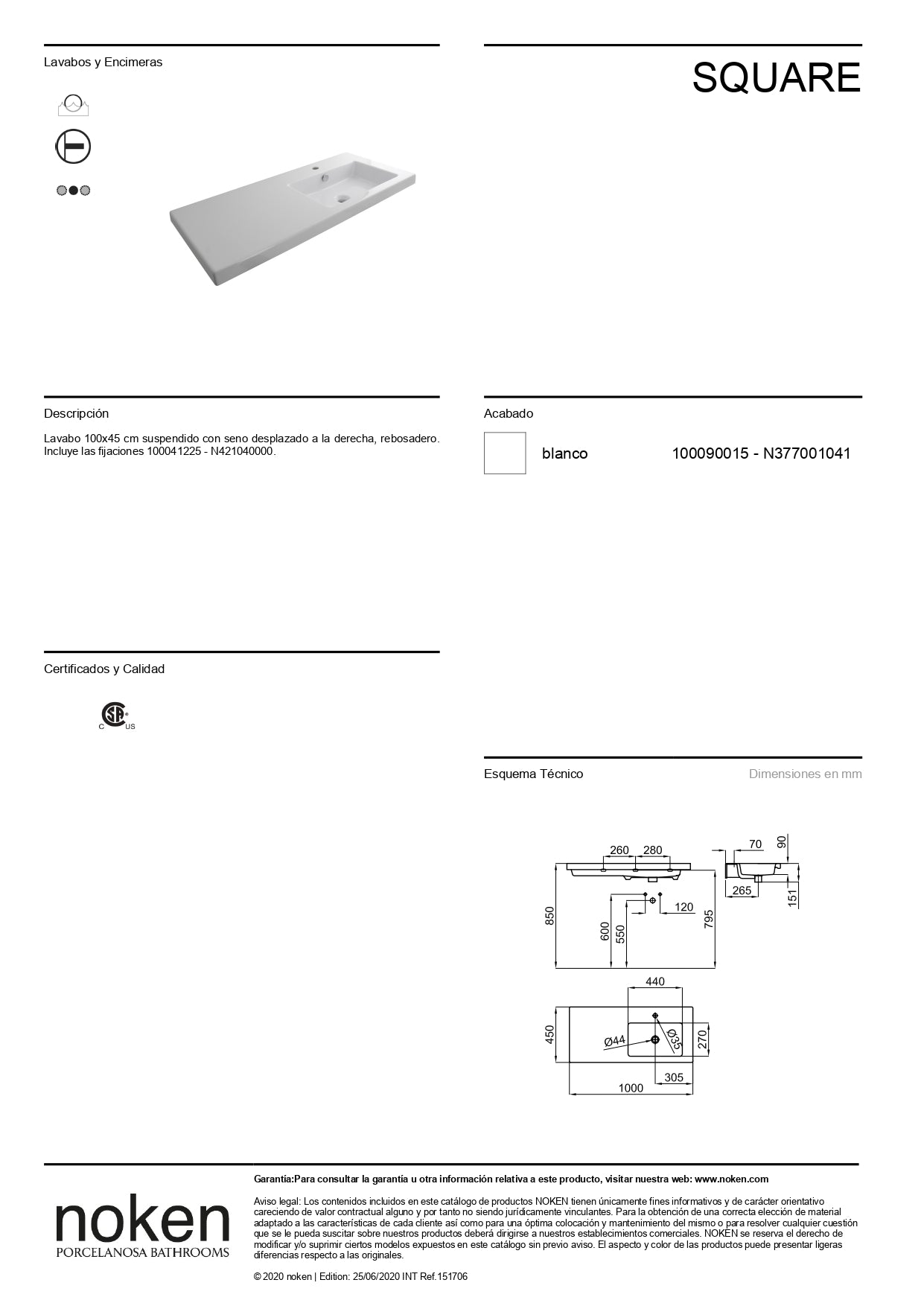 Lavabo Square Seno Derecho Blanco